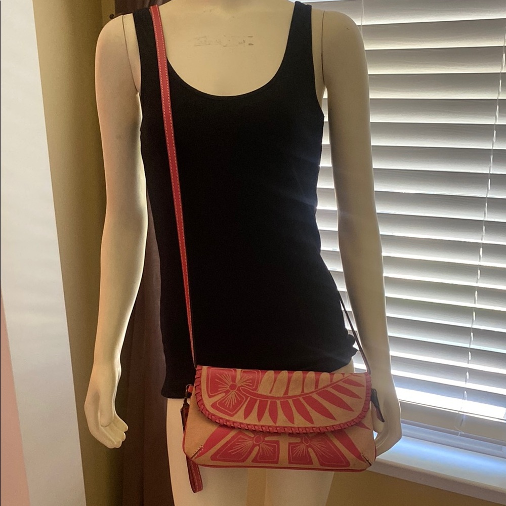 Patricia Nash Pink and Taupe Leather Floral Crossbody Bag or Clutch Bag